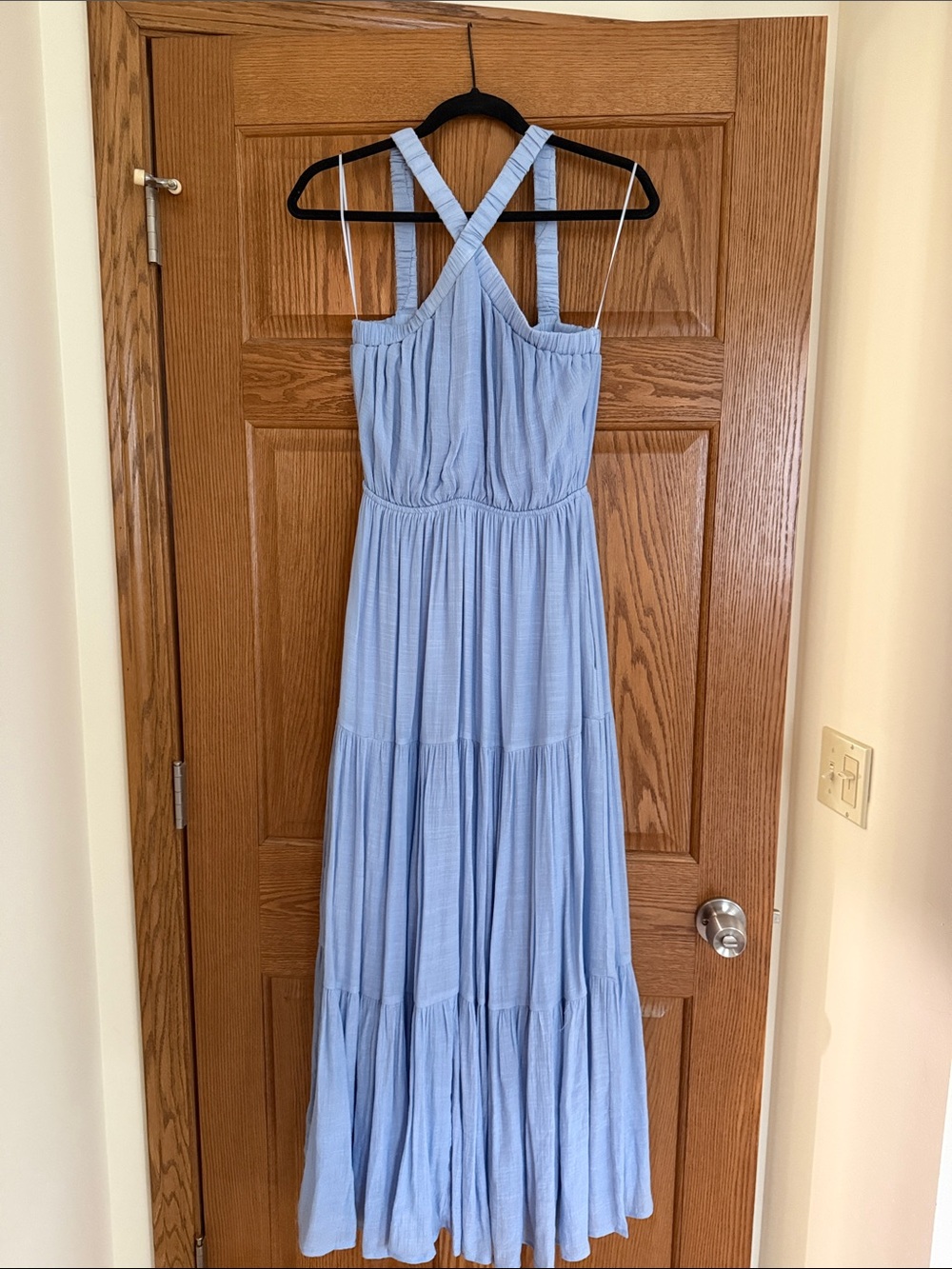 Light Blue Crossback Tiered Maxi Dress